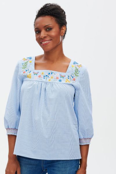 SUGARHILL BRIGHTON - INES EMBOIDERED TOP Shirt blue stripe butterfly