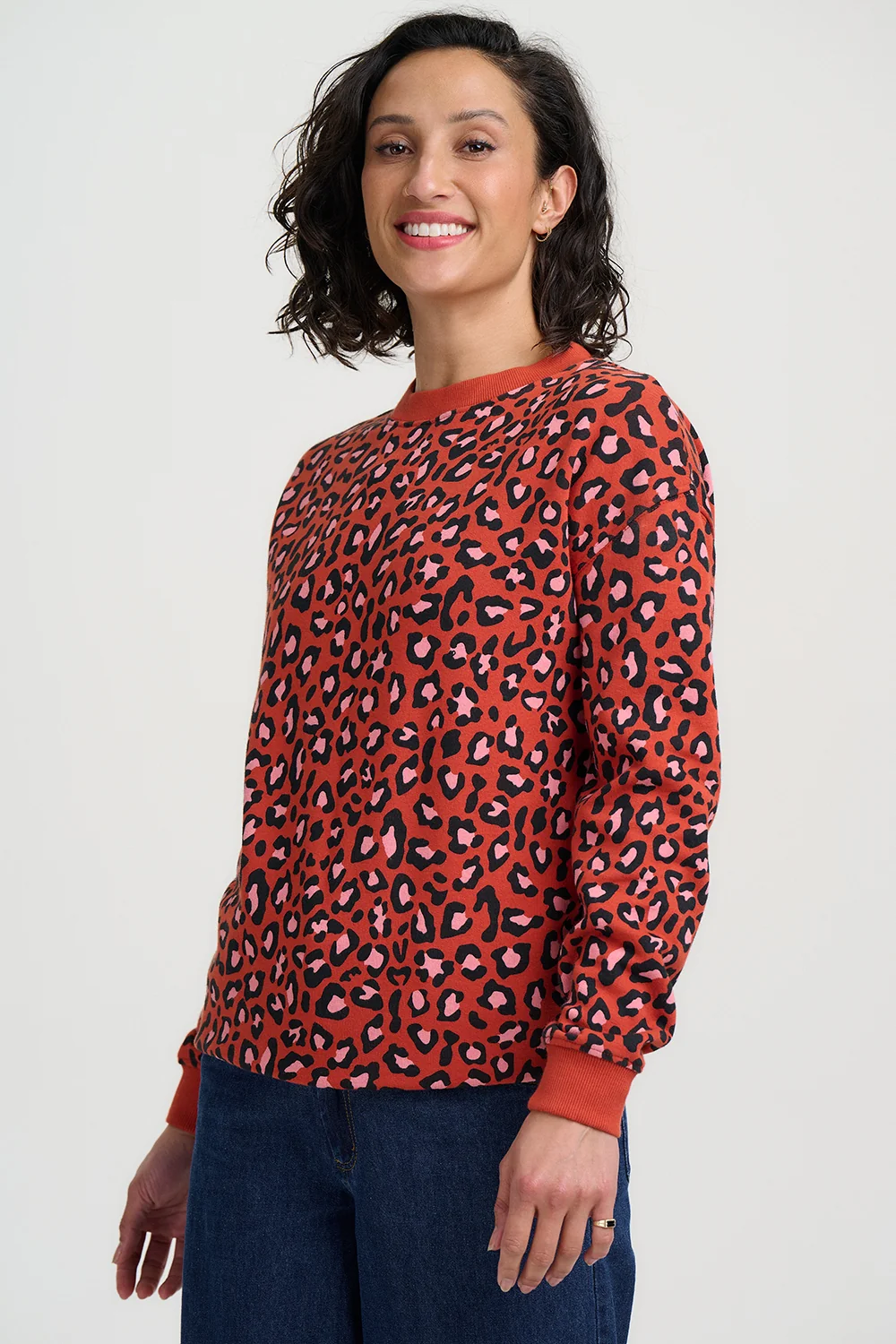 Damen-Sweatshirt-Pulli-Langarm-Leo-Leopard-Orange-brick-schwarz-Baumwolle5