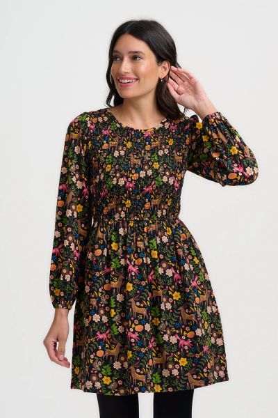 SUGARHILL BRIGHTON - DEE DEE JERSEY SHIRRED MINI DRESS Kleid black forest folklore